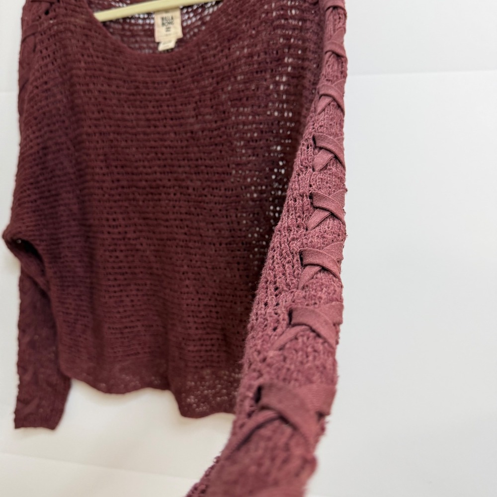 Billabong Womens Burgundy Open Knit Lace Up Sweater Small Boho Coastal Festival - Picture 3 of 10